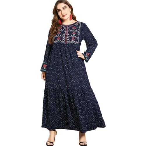 Muslim Women Abayas Arab Jilbab Embroidery Long Dress Plus Size Polka Dot Vintage Maxi Robe Islamic Casual Loose Gown Turkish