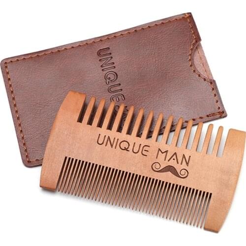 Beard Comb Kit for Men Anti-static Wooden Comb with PU Leather Case Fine Dual Action Teeth Beard Care Pocket Comb for Beard