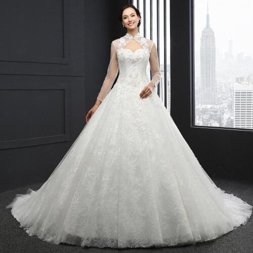 Q021 ball gown wedding dress for bride vestidos de novia corte princesa high neck lace crystal open back vestido blanco largo