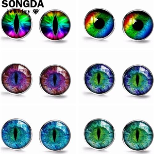 SONGDA Retro Punk Dragon Eye Stud Earrings Gothic Bright Color Eyes Art Photo Glass Cabochon Statement Earrings Handmade Jewelry