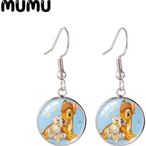 2021 New Bambi Fish Hook Earring Cute Deer Printed Photo Round Jewelry Glass Dome Earrings Gifts Girl