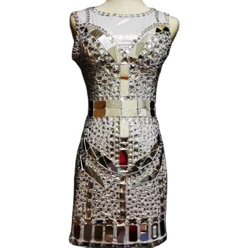 Shining Full Rhinestones Sleeveless Mini Dress Mirror Sequins Party Dress For Women Nightclub Dance Show Wear Theatrical Costume