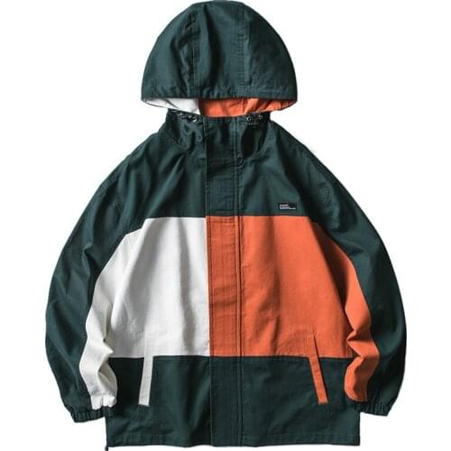 Men Hip Hop Jacket Windbreaker Retro Vintage Color Block Harajuku Hoodie Jacket Coats Zipper Hooded Track Jacket Streetwear