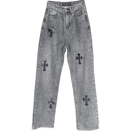 Vintage Washed Jeans Women Streetwear Cotton Loose High Waist Wide Leg Pants Cross Embroidery Straight Do Old Cowboy Man Jeans