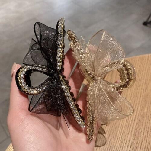 2021 Fashion Korea Elegant Net Yarn Bow Rhinestone Acrylic Hair Clip Hair Accessories Geometric Hair Claws Shark Clip Hairpin
