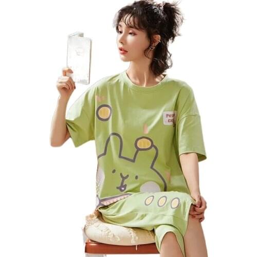 Women sleepwear summer cotton pajamas women short-sleeved cropped trousers cute sweet simple home clothing