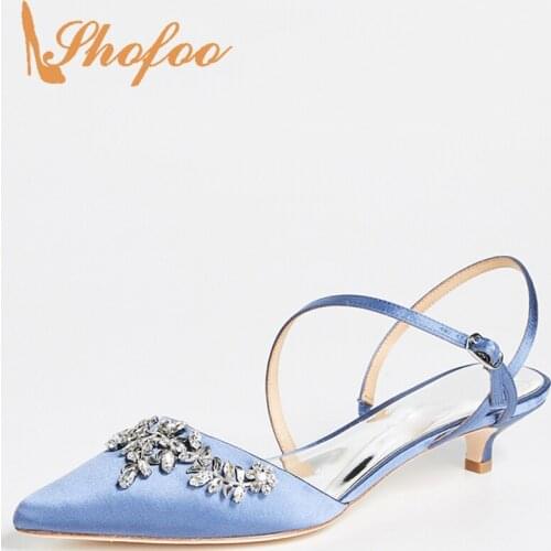 Crystals Flock Blue Pumps Ladies Woman Adult Solid Buckle Spring/Autumn Large size 11 14 Pointed Toe Kitten Heels Party Novelty