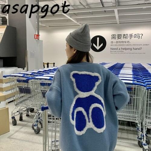 Long Sleeve Knit Top Cartoon Bear Knitted Sweater Women O Neck Casual Japan Style Animal Jacquard Pullovers Sweater Patchwork