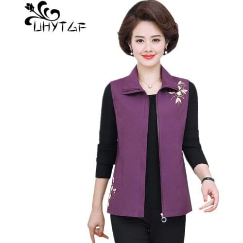 UHYTGF spring autumn vest woman fashion flowers sleeveless elegant vests waistcoat solid color wild Short 5XL plus size top 1369