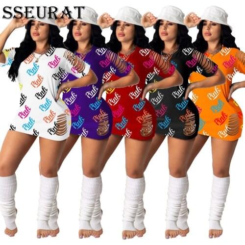 SSEURAT Women Dress Letter Print Hole Half Sleeve O-neck Skinny Elastic Mini Pencil Dresses Female Casual Street Outfit Summer