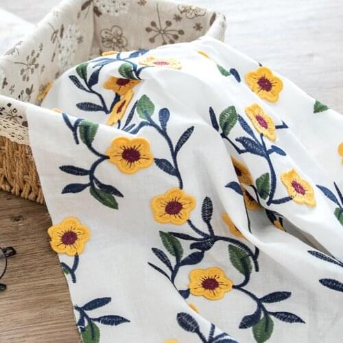 100% Cotton Yellow Flowers Fabric Embroidered Cotton White Embroidery Clothing Dress Fabric Handmade T-shirt Bag Tablecloth