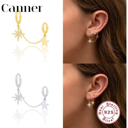Canner Huggie Earrings For Women 925 Sterling Silver Pendientes Chain Double Star Diamond Hoops Earrings Fine Jewelry Joyero W5