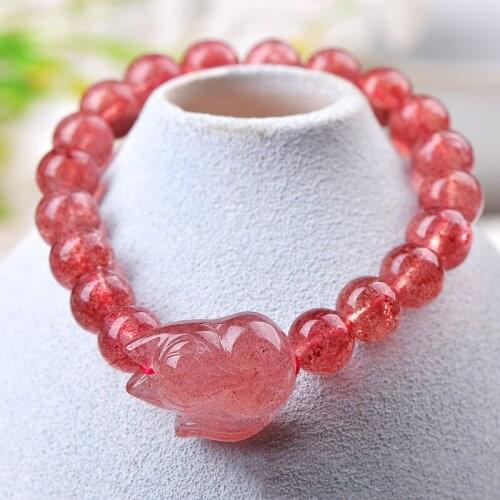 Strawberry Natural Crystal Bracelets 8mm Round Bead With Nine Tails Fox Charm Bracelets Lucky for Women Gift Crystal Jewelry