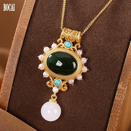 BOCAI 2020 S925 pure silver gold-plated necklace natural jasper white jade pearl round beads high quality womens sweater chain