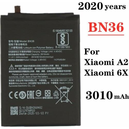 For Xiaomi Mi 6X Mi6X Mi A2 MiA2 BN36 Mobile Phone Battery High Quality 3010mAh Replacement Batteries