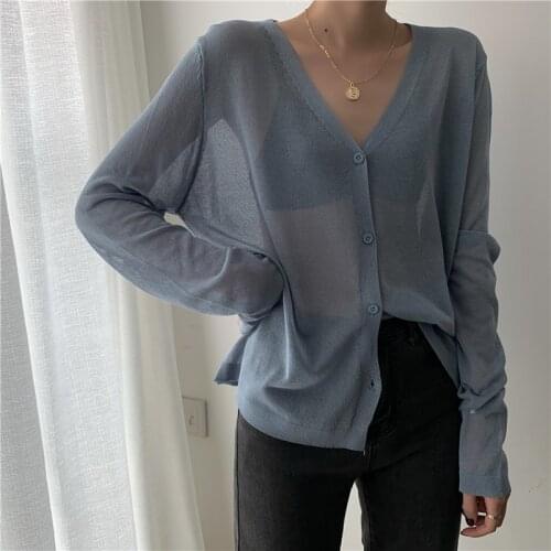 Women Cardigan Summer Casual Long Sleeve Korean Solid Color Knitted V Neck Thin Ice Silk Sweaters Sunscreen Shirt Tops