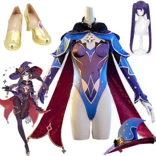 Game Genshin Impact Mona Megistus Astral Reflection Cosplay Costume Cute Enigmatic Astrologer Bodysuit Wig