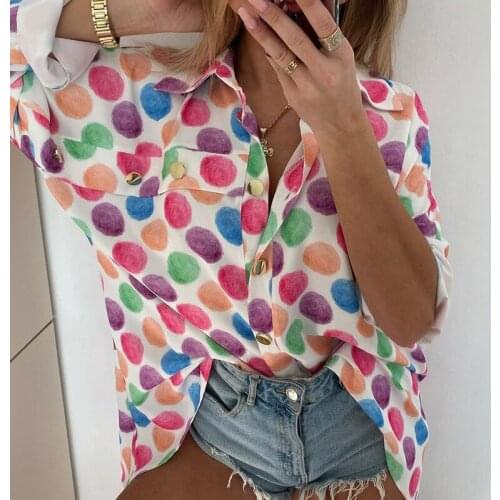 Summer Womens Loose Casual Lapel Long-sleeved Streetwear Polyester Polka Dot Printing Single-breasted Shirt Top Plus Size Shirt
