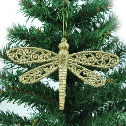 AHYONNIEX 1 PC Gold powder plastic dragonfly Christmas tree pendant Xmas tree present adornments DIY party accessories
