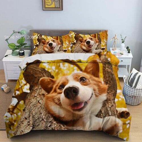 Lovely Cute Animal Bedding Set Corgi Pet Dog Duvet Cover Single Queen King Bed Line For Kids Adults Bedspread Pillowcase