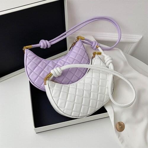 Fashion PU Leather Hobos Bags for Women Solid Color Lattice Pattern Crescent Shoulder Underarm Purse Simple Messenger Handbags