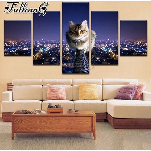 FULLCANG City night cat 5 piece diy diamond painting full square round drill mosaic embroidery sale animal home decor FC3080
