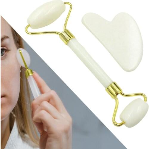 Natural Jade Roller Eyes Facial Massage Dual Head Skin Roller Neck Back Body Massager Guasha Tool Set Skin Tightening Massager