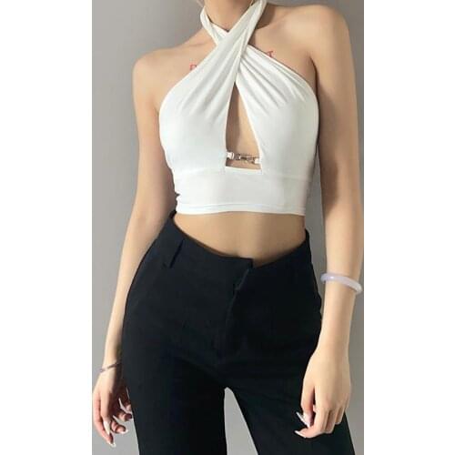 2021 New Fashion Summer Women Cross Halter Ruched Crop Tank Tops White Cut Out Sleeveless Open Back Clubwear Vest Top Tanks