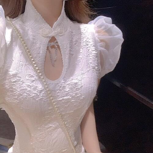New Summer Party White Mini Dress Chinese Qipao Cheongsam Modified Dress Retro Puff Sleeve Mandarin Collar Sexy Bottoming Dress