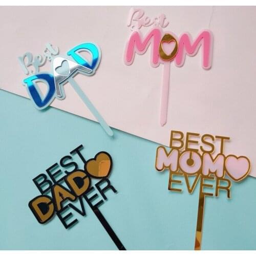 New Best Dad Acrylic Fathers Day Cake Topper Candy Color Mum Mothers Day Cake Toppers for Mom Dad Birthday Party Cupcake Decor