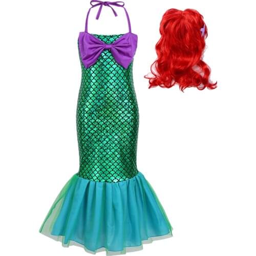 Oyolan Girl Fancy Halloween Dress Up Cosplay Hair Wigs Kids Party Long Gown Adjustable Halter Glossy Fish Scales Dress Beachwear