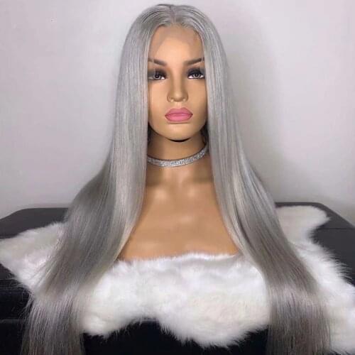 Platinum Grey Silk Straight Human Hair Full Lace Wigs Brazilian Remy Transparent Lace Glueless Wig with Baby Hair