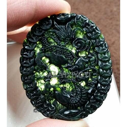 2pcs Lots Natural Black Green Stone Jade Carved Chinese Coin Dragon Lucky Blessing Pendant Rope Necklace Retro Gift Jewelry