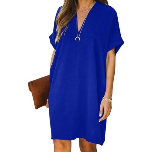 Plus size Women Casual V Neck Short Sleeve Solid Color Loose Knee-length Office Dress tops Loose Knee-length Office Dress 2020