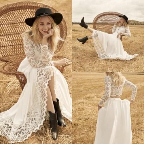 2020 Two Pieces Wedding Dress Long Sleeve Chiffon Lace Country Beach Boho A Line Bridal Gowns