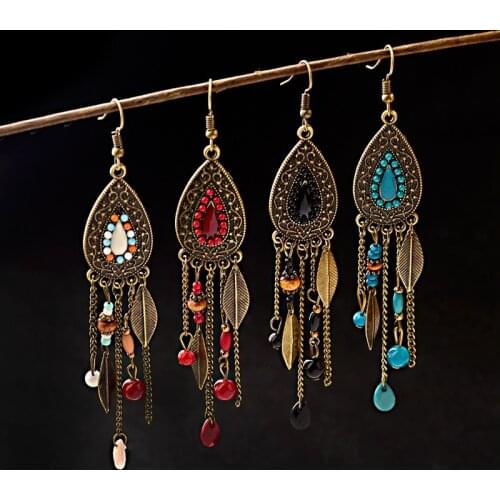 TopHanqi Womens Bohemia Ethnic Bronze Water Drop Earring Multicolor stone Metal Leaf Pendant Long Tassel Earrings Indian Jewelry