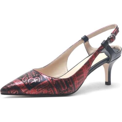 Fashion Newest Spring Pumps Shallow Pointed Toe Sling Back Buckle Cut Out Shoes Print Stylish Pattern Thin High Heel 5.5