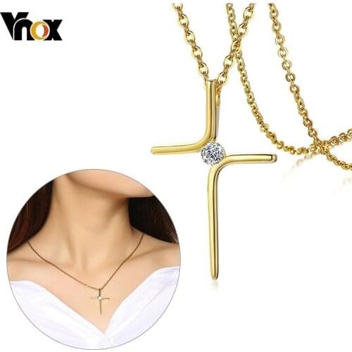 Vnox Temperament Cross Pendants for Women Necklace Gold Tone Stainless Steel AAA CZ Stone Slim Cross Female Party Jewels