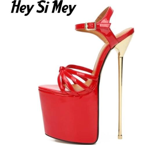 Hey Si Mey Womens Sandals 2021 Summer New Patent Leather Waterproof Platform High Heels 22cm Metal Heel Plus Size Female Shoes