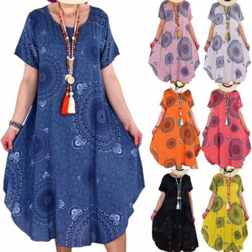 Women Plus Size Indian Floral Print Short Sleeve Round Neck Irregular Loose Dress