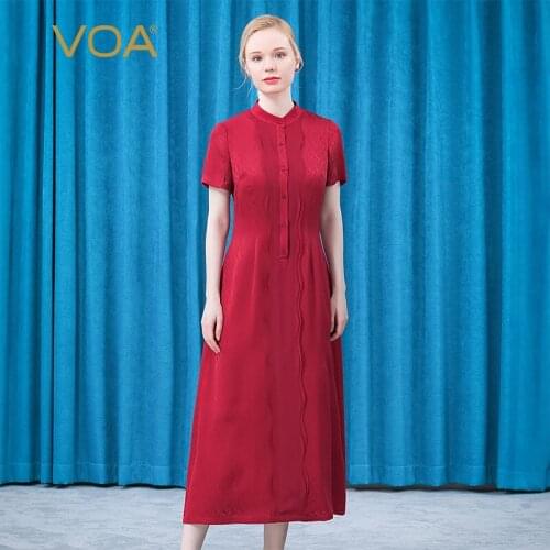 VOA Silk Jacquard Stand Collar Short Sleeve Single-breasted Three-dimensional Decorative Red Temperament Dress for Women AE807