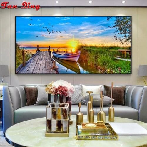 5D DIY Diamond Embroidery Lake Sunset Wooden Bridge Boat Landscape Painting Cross Stitch Rhinestone Decoration Mosaic