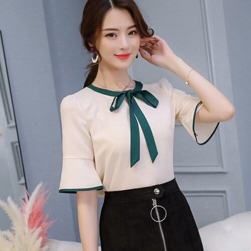 Blouses Womens Short Sleeve Fashion Women Butterfly Bow Top Female Sweet Solid Color Blouse Females Breathable Slim Korean Style