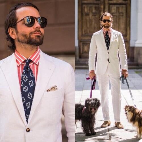 Business Men Tuxedos Slim Fit One Button Notched Lapel White Suits Custom Made Party Wedding Smart Casual Blazer 2 Pieces