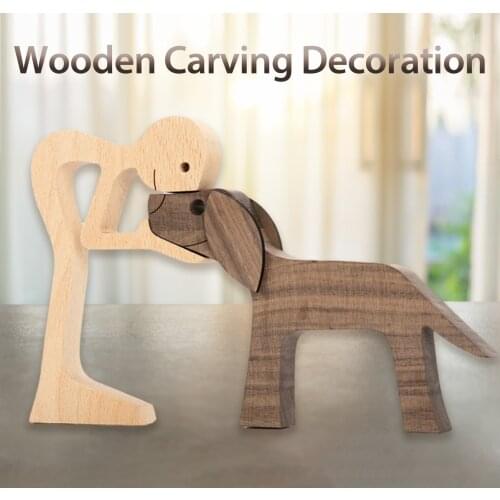 Handmade Human and Dog Wood Model Dog Desk Decor Sculptures Craft Figurine Ornement Decoration for Bedroom Gift Action Figures