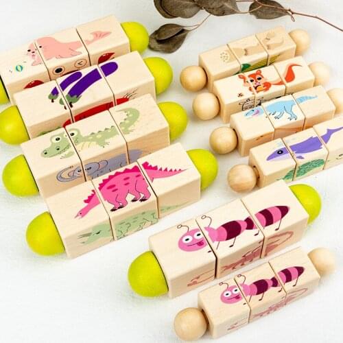 Childrens Wooden Animals Rotating Puzzle Blocks Infant Early Education Animals Cognitive Learning Jigsaw Toys Family Games