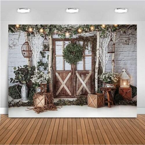 Photography Backdrop Newborn Baby White Brick Wall Christmas Wooden Doors Grass vine Toys Christmas Theme Children Photo Studio