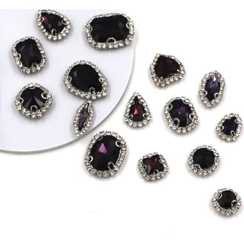 Hot sale Deep purple mixed shape glass strass flatback sew on crystal button rhinestones for clothing/wedding decoration