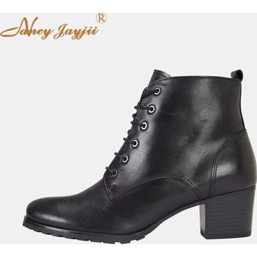 Women Shoes Adult Ladies Boots Black Solid Ankle Lace-Up Cross-tied High Square heel Round Toe Sexy Fashion Mature Elegant 2019