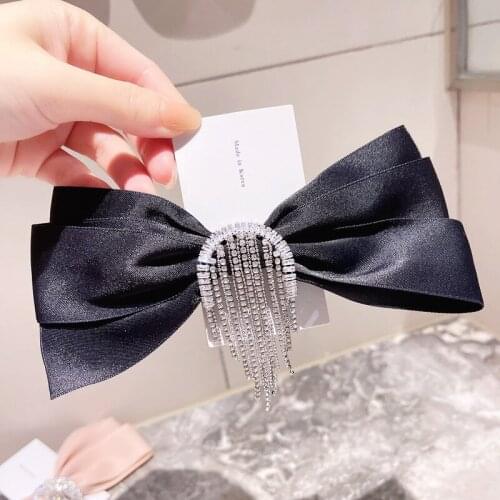 Korean Black Large Bow Snap Hair Clip for Girls Women Hairpins Rhinestone Chain Tassel Hairgrip Luxury Jewelry Hair Accessories